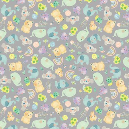 Windham Fabrics Counting Friends Grey quilting fabric — friendly animals on grey