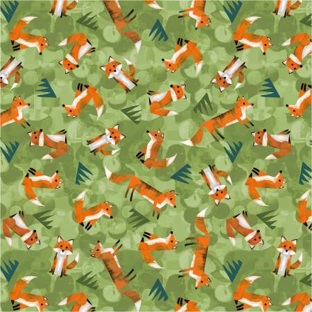 Windham Fabrics Leaf Wild Foxes Green quilting fabric — foxes among leaves print