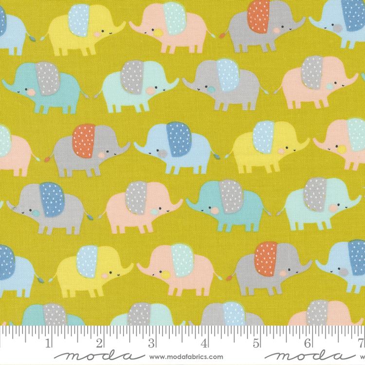 Moda Delivered With Love Citrine quilting fabric — baby-themed print in citrine yellow