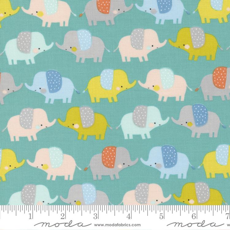 Moda Delivered With Love Aqua quilting fabric — baby-themed print in aqua