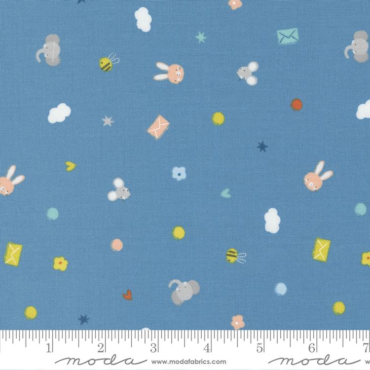 Moda Delivered With Love Blue quilting fabric — baby-themed print in blue