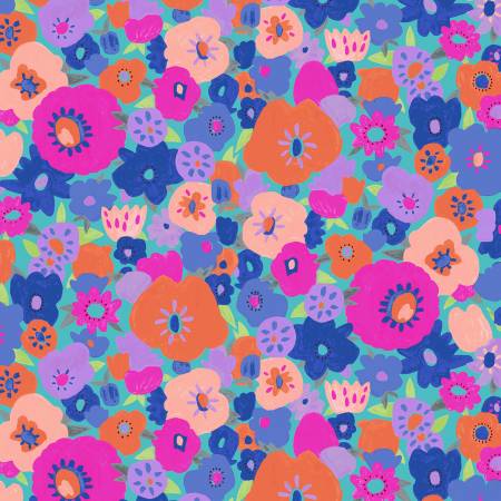 Windham Fabrics Cobalt Flower Blotch quilting fabric — painterly blotch flowers on cobalt blue