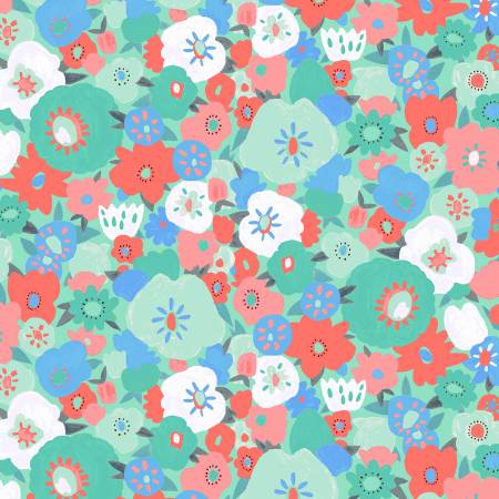 Windham Fabrics Turquoise Flower Blotch quilting fabric — painterly blotch flowers on turquoise