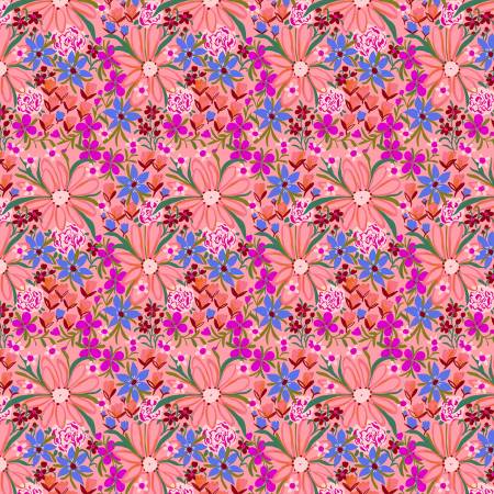 Windham Fabrics Peachy Pink Garden Bed quilting fabric — lush garden floral on peachy pink