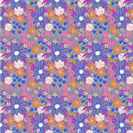 Windham Fabrics Pewter Garden Bed quilting fabric — lush garden floral on soft pewter gray
