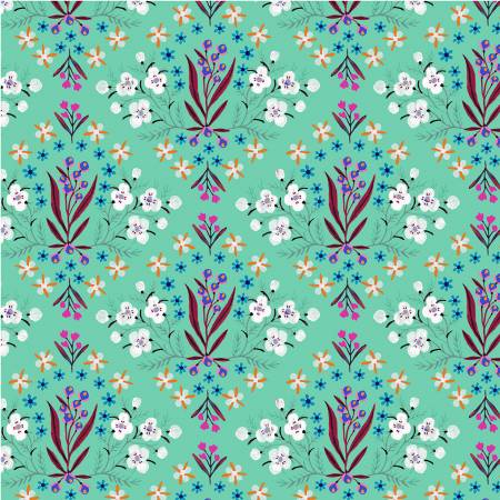 Windham Fabrics Turquoise Floral Tile quilting fabric — tiled floral motif on turquoise