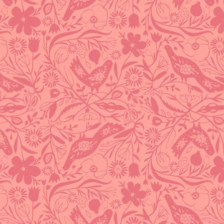 Windham Fabrics Peachy Pink Treetop quilting fabric — leafy treetop branches on peachy pink