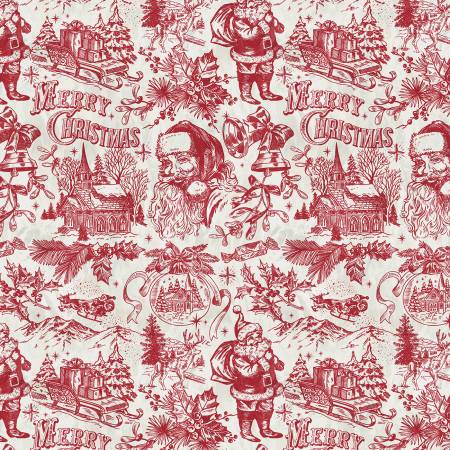 Windham Jolly Christmas Santa Toile quilting fabric in Ivory and Red