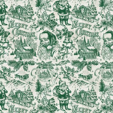 Windham Jolly Christmas Santa Toile quilting fabric in Ivory and Green