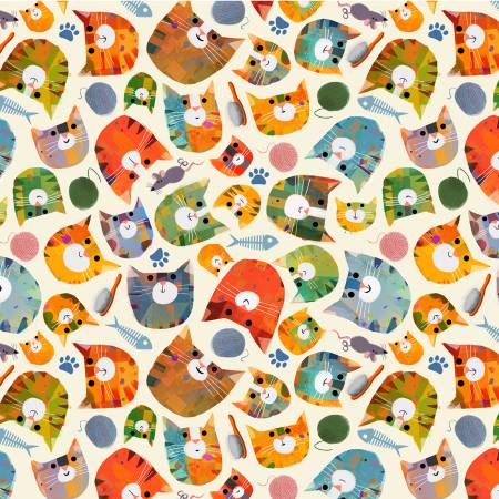 Windham Silly Kitty cat quilting cotton in Ivory