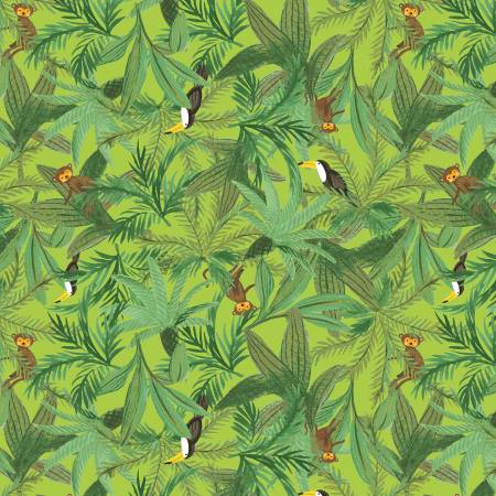 Windham King Of The Jungle Canopy Creatures quilting fabric in Bright Leaf
