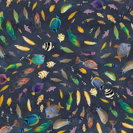 Deep Blue Shoal of Fish novelty quilting fabric by Windham Fabrics