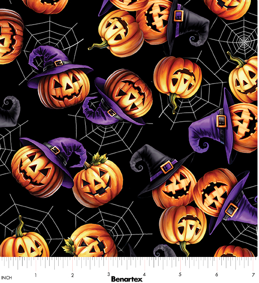 Ghostly Soiree Jack-O-Lantern Festival Black Halloween quilting fabric by Benartex