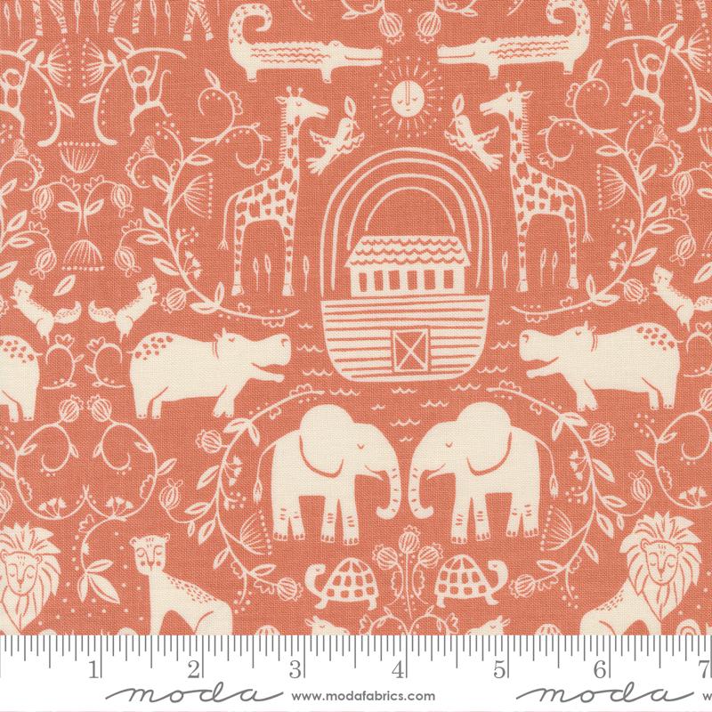 Moda Noah's Ark Two By Two Coral quilting fabric — animal pairs on coral