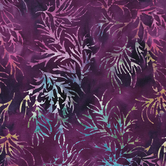 Island Batik Exuberance fronds batik quilting fabric in Purple Pansy