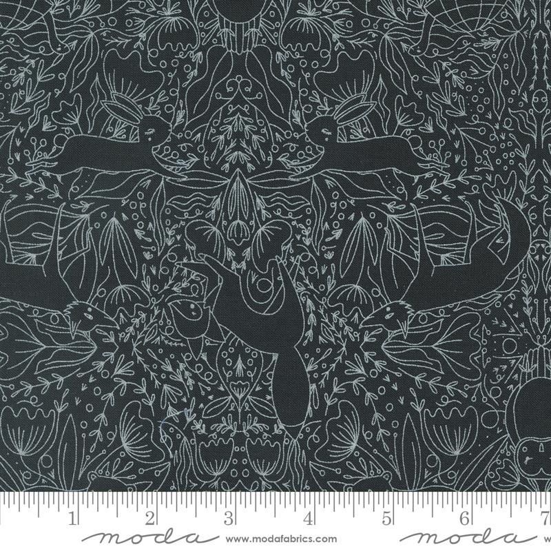 Moda Woodland Wonder Midnight 48395 21 quilting fabric — woodland print in midnight blue