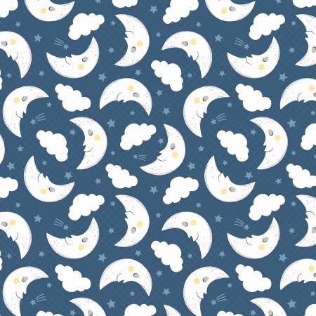 Wilmington Prints Navy Moon & Cloud Toss quilting fabric — moons and clouds on navy