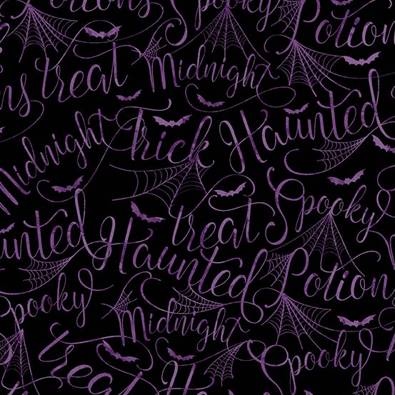Andover Mystery Manor cryptic script purple moon quilting cotton