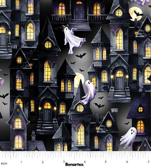 Ghostly Soiree Ghost Town Gray Halloween quilting fabric by Benartex