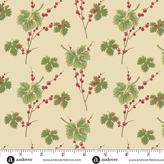 Jingle Bell Leaves and Berries Buttercream 44"/45" Fabric Per Yard