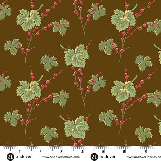 Jingle Bell Leaves and Berries Dark Chocolate 44"/45" Fabric Per Yard