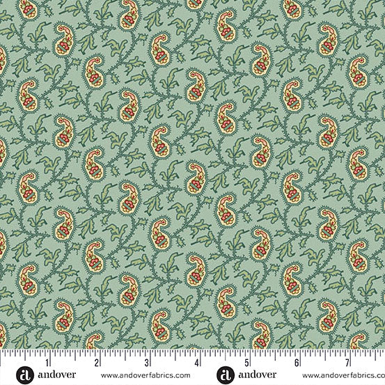 Jingle Bell Paisley Vine Vintage Blue 44"/45" Fabric Per Yard