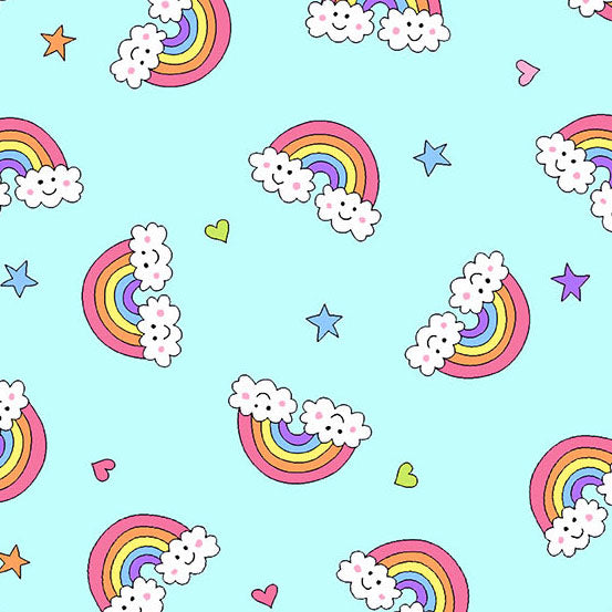 Andover Believe Flying Rainbows Sky A-9904-LB quilting fabric — rainbows on sky blue
