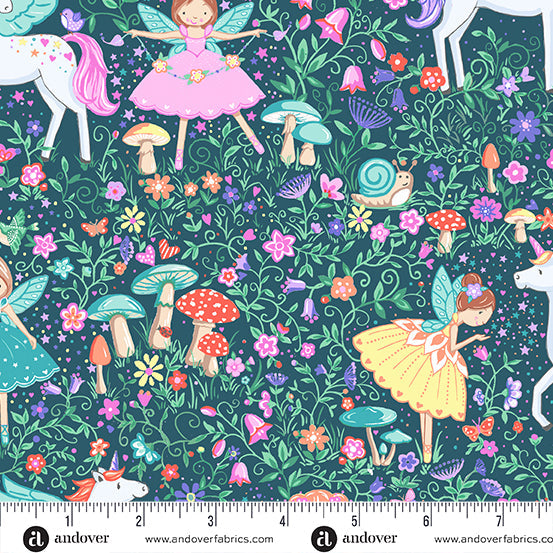Makower UK Fairy Dust Magic Garden Teal quilting fabric — magical garden print
