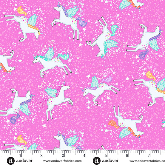 Makower UK Fairy Dust Unicorn Pink quilting fabric — magical unicorn print in pink