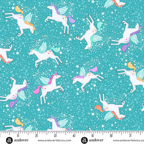 Makower UK Fairy Dust Unicorn Teal quilting fabric — magical unicorn print in teal