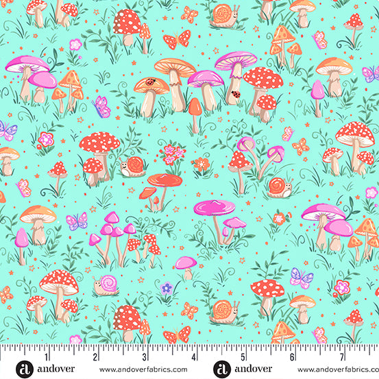 Makower UK Fairy Dust Toadstool Teal quilting fabric — whimsical toadstool print