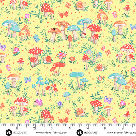 Makower UK Fairy Dust Toadstool Yellow quilting fabric — whimsical toadstool print
