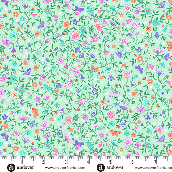 Makower UK Fairy Dust Flower Trail Green quilting fabric — whimsical flower trail print