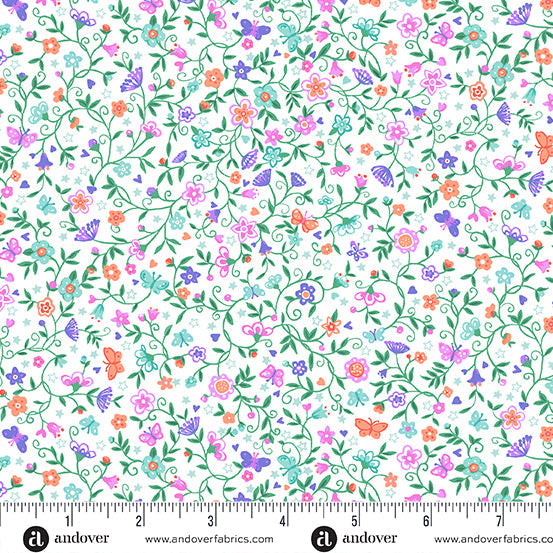 Makower UK Fairy Dust Flower Trail White quilting fabric — whimsical flower trail print