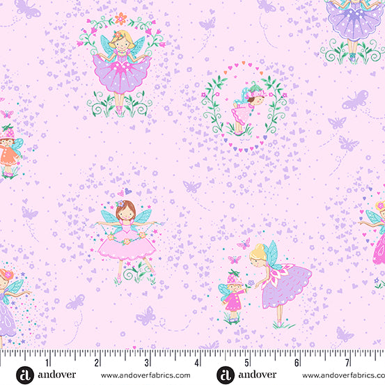 Makower UK Fairy Dust Friends Pink quilting fabric — whimsical fairy friends print