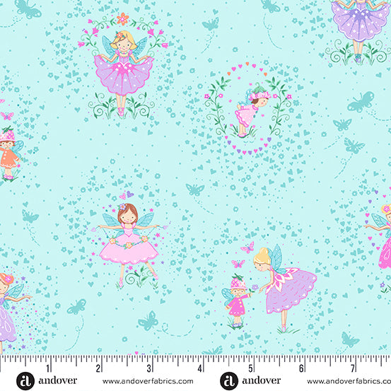 Makower UK Fairy Dust Friends Teal quilting fabric — whimsical fairy friends print
