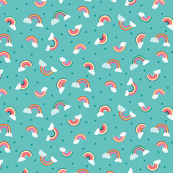 Andover Daydream Rainbows Blue TP-2278-T quilting fabric — dreamy rainbows on blue