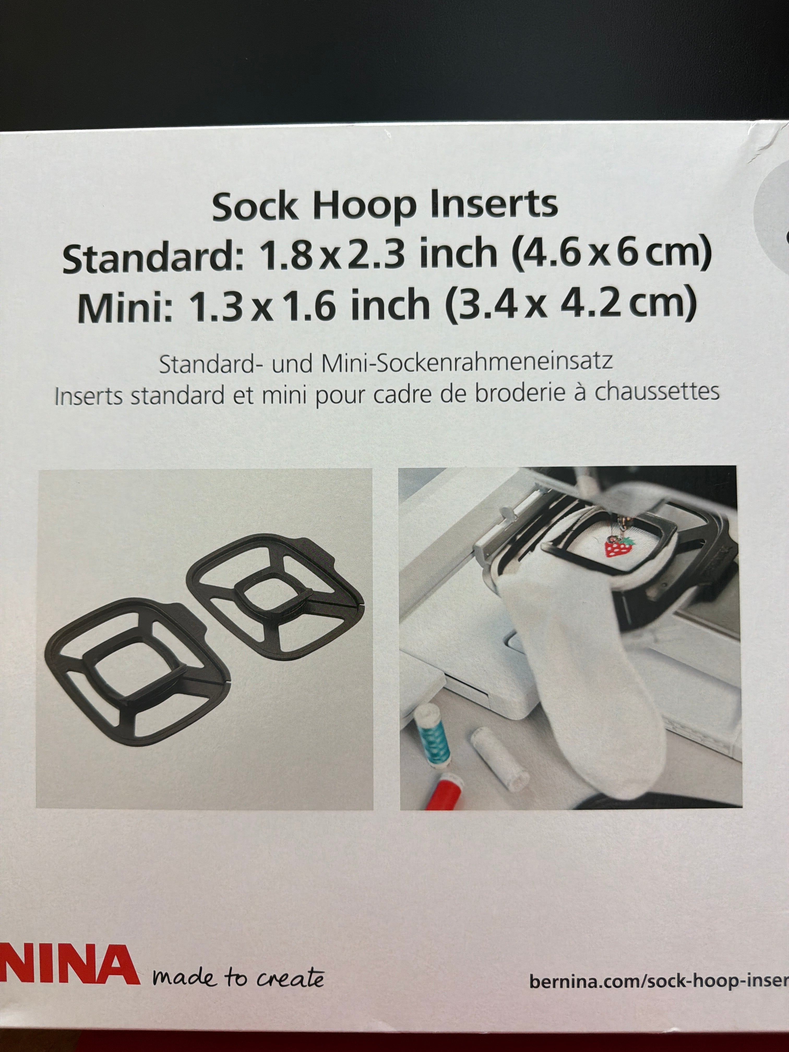 Bernina Sock Hoop Inserts — standard 1.8 x 2.3 inch and mini 1.3 x 1.6 inch sizes