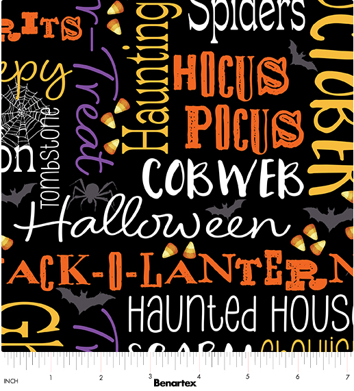 Ghostly Soiree Words Black Halloween quilting fabric by Benartex