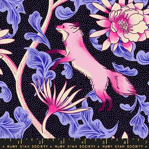 Moda Glow Garden Pink Foxes and Flowers Halloween quilting fabric in Black