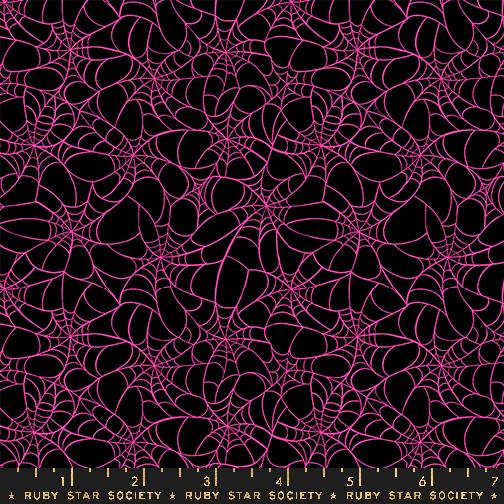 Moda Glow Garden Pink Spiderwebs Halloween quilting fabric in Black