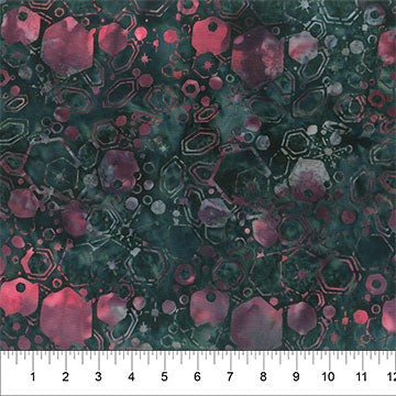 Banyan Batiks Hexy Bursts Dark Green quilting fabric — hexagon geometric batik