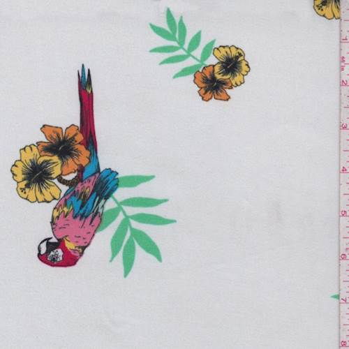 White Multi Parrot Floral Double Brushed Jersey Knit Fabric