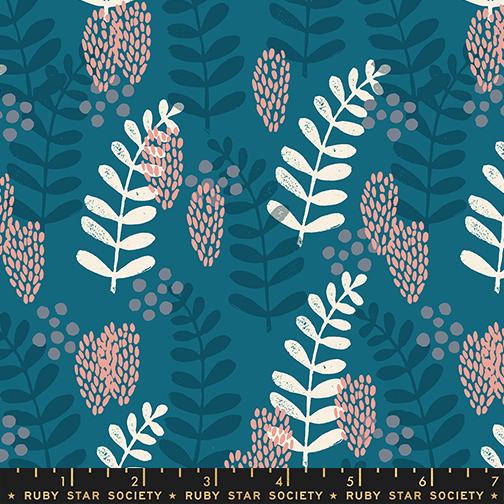 Ruby Star Society Reimagined Landscapes Teal Leaves RS6051 15 quilting fabric — modern leaves in teal