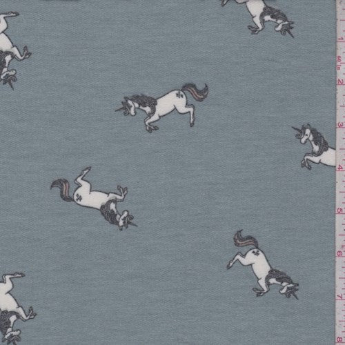 Dusty Blue Leaping Unicorn Brushed French Terry Knit Fabric
