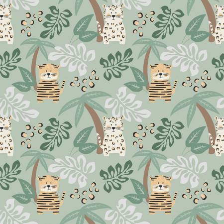 Henry Glass Into the Jungle Green Scenic quilting fabric — lush jungle scene in green