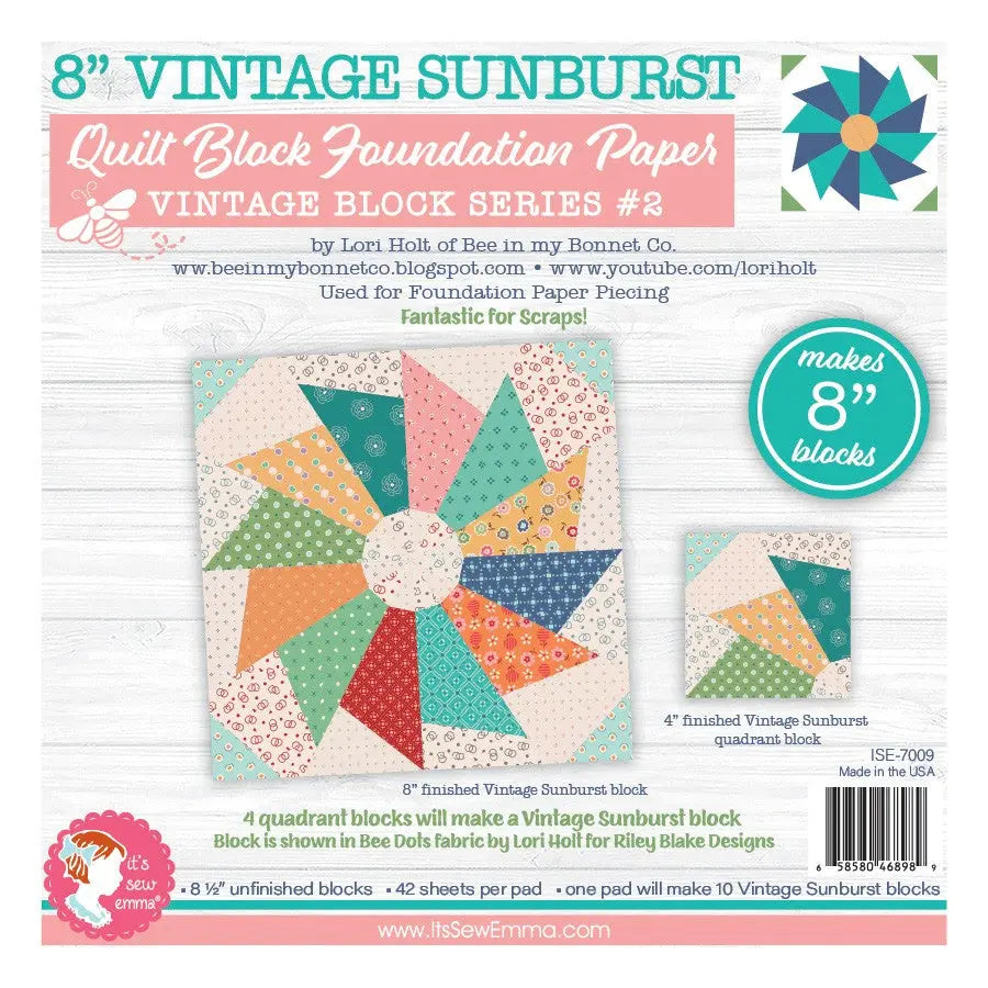 8in Vintage Sunbursts Quilt Block Foundation Papers - Linda's Electric Quilters
