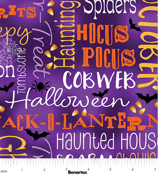 Ghostly Soiree Words Purple Halloween quilting fabric by Benartex