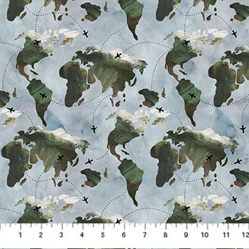 FIGO Great Journey blue map travel quilting cotton fabric