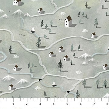 FIGO Great Journey sage houses quilting cotton fabric